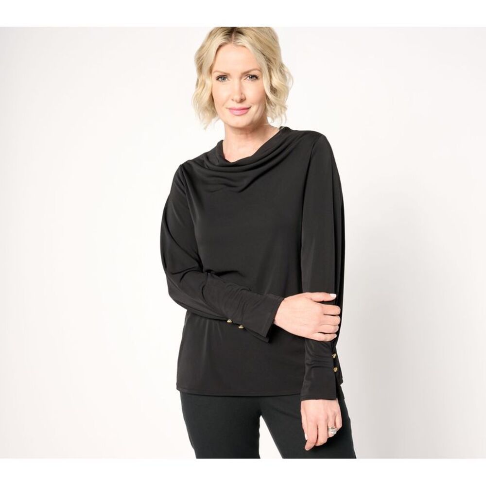 Top Knot Women's Sz L Estate Cowl Neck Long Sleeve w Buttons Black A664240